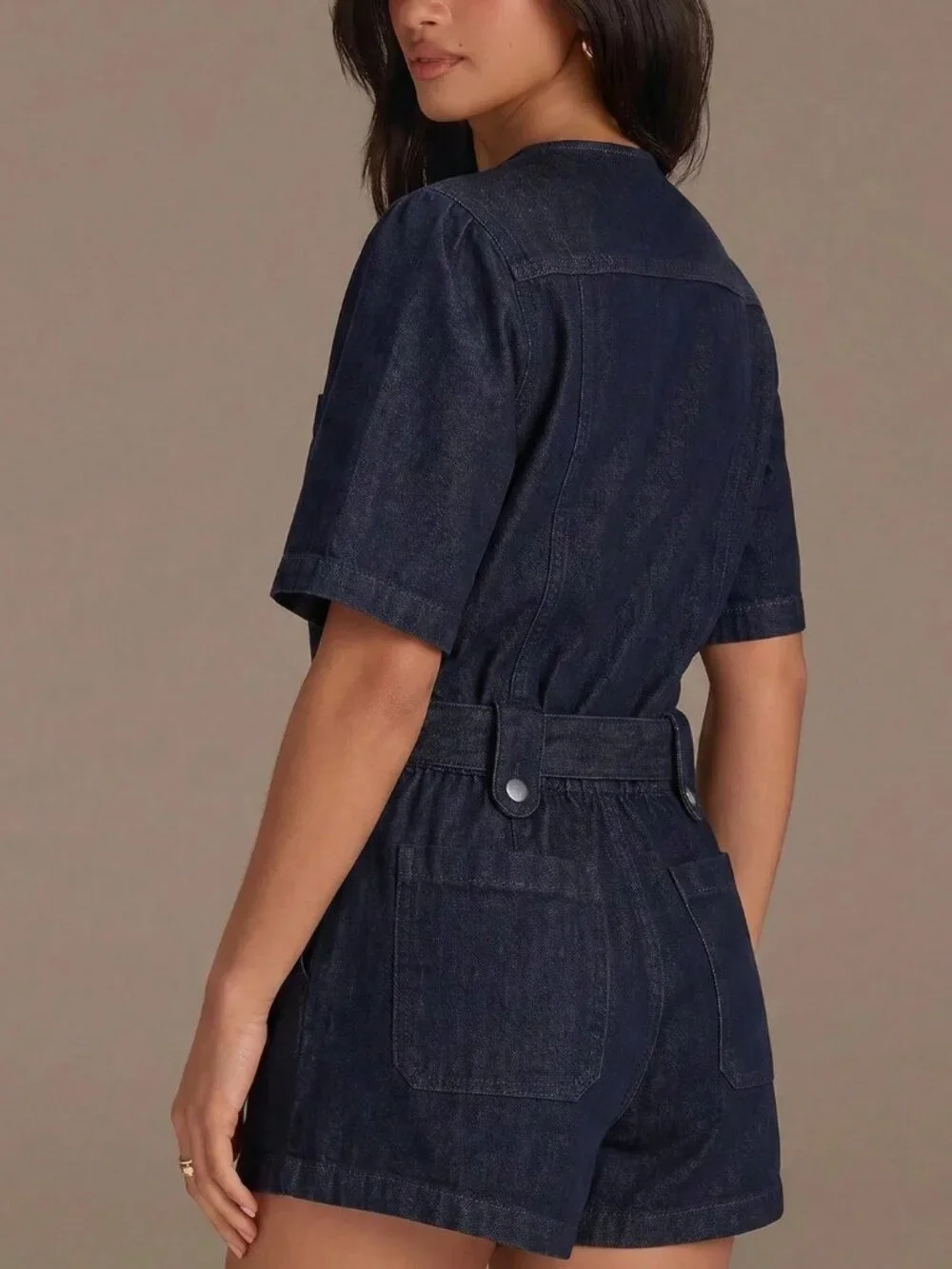 Navy Blue Casual Women's Denim Short Sleeve Jumpsuit romper
